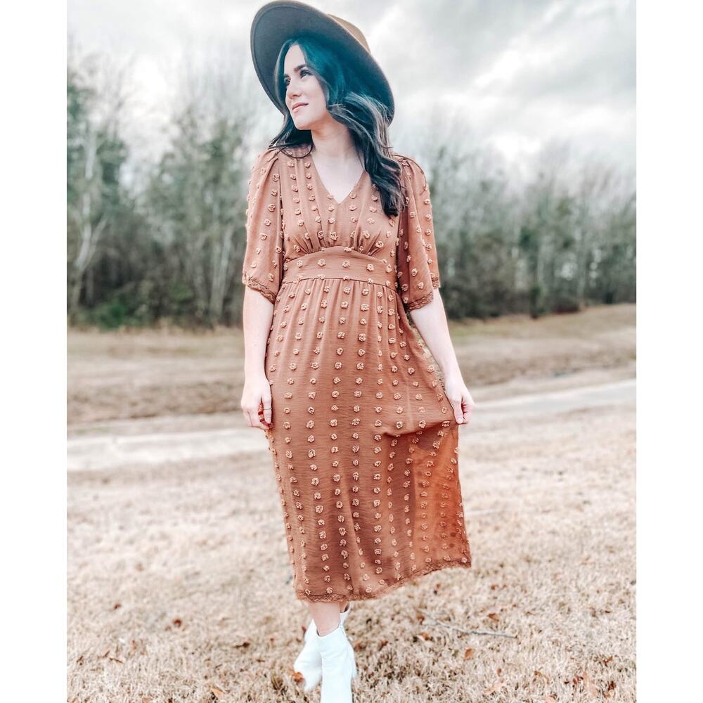 Bella Ella Boutique Dress Boho Midi Texture Swiss dot V-neckline Flowy Sleeves M